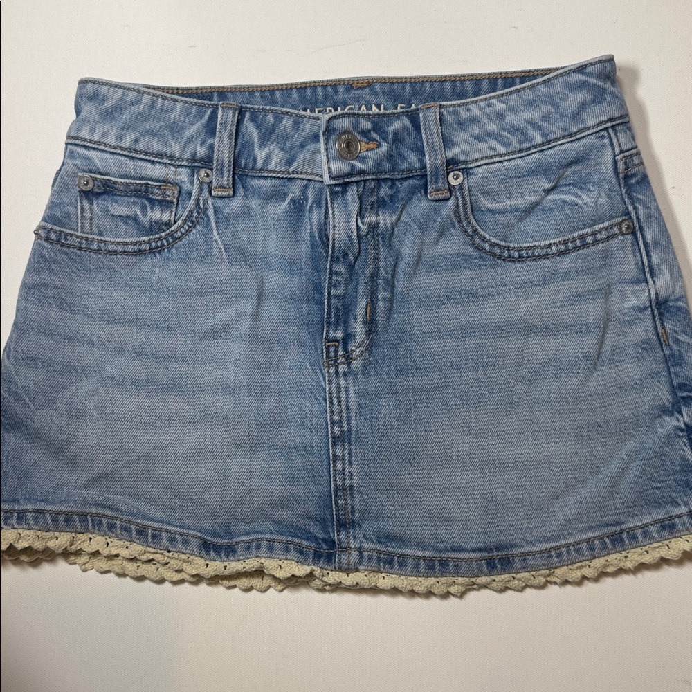 American Eagle Outfitters Denim Mini Skirt with Lace Trim
